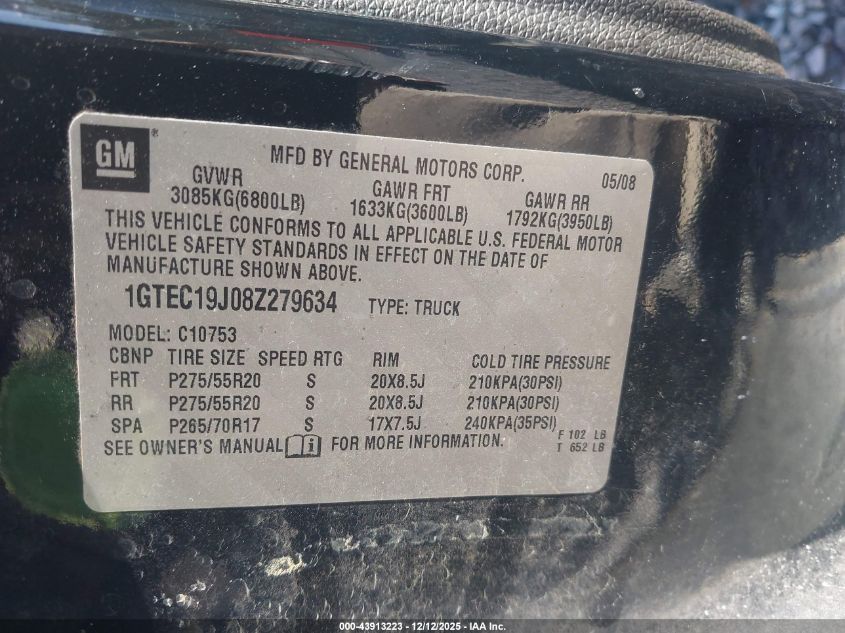 2008 GMC Sierra 1500 Sle1 VIN: 1GTEC19J08Z279634 Lot: 43913223