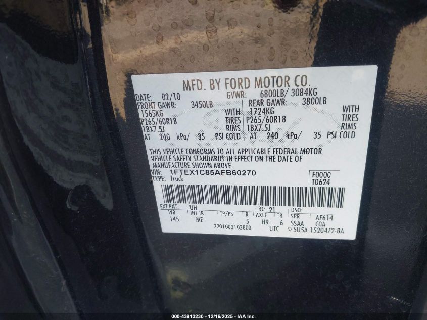 2010 Ford F-150 Fx2 Sport/Stx/Xl/Xlt VIN: 1FTEX1C85AFB60270 Lot: 43913230