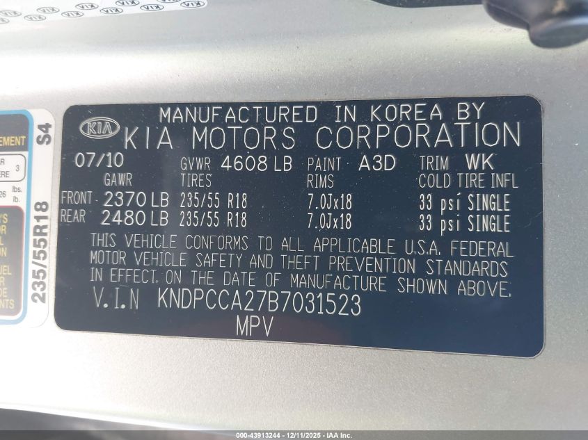 2011 Kia Sportage Ex VIN: KNDPCCA27B7031523 Lot: 43913244