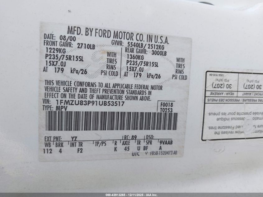 2001 Ford Explorer Xlt VIN: 1FMZU83P91UB53517 Lot: 43913265