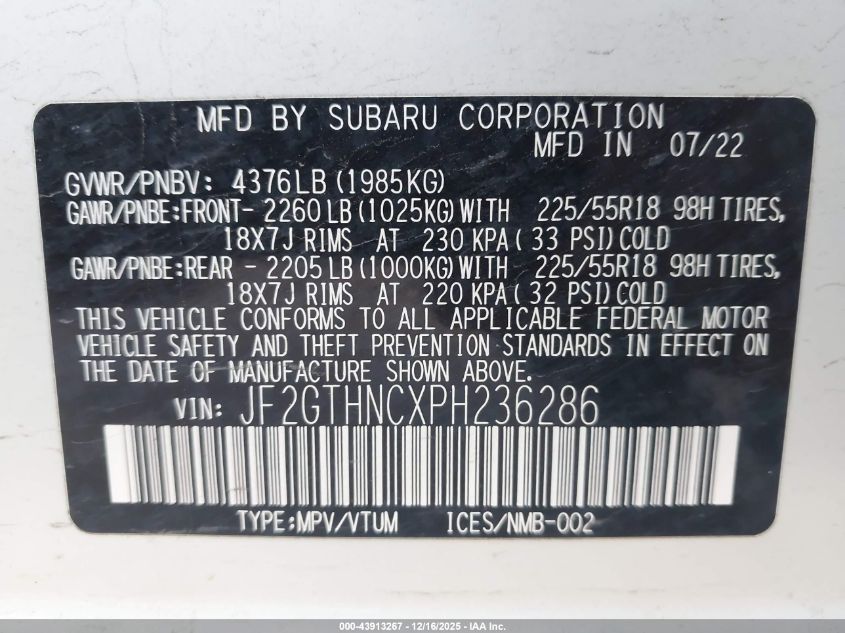 2023 Subaru Crosstrek Limited VIN: JF2GTHNCXPH236286 Lot: 43913267