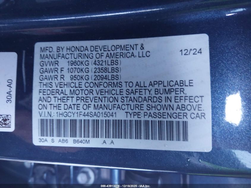 2025 Honda Accord Se VIN: 1HGCY1F44SA015041 Lot: 43913276
