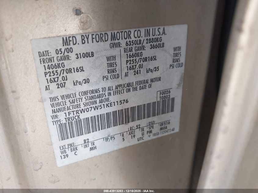 2001 Ford F-150 Harley-Davidson Edition/King Ranch Edition/Lariat/Xlt VIN: 1FTRW07W51KE11576 Lot: 43913283