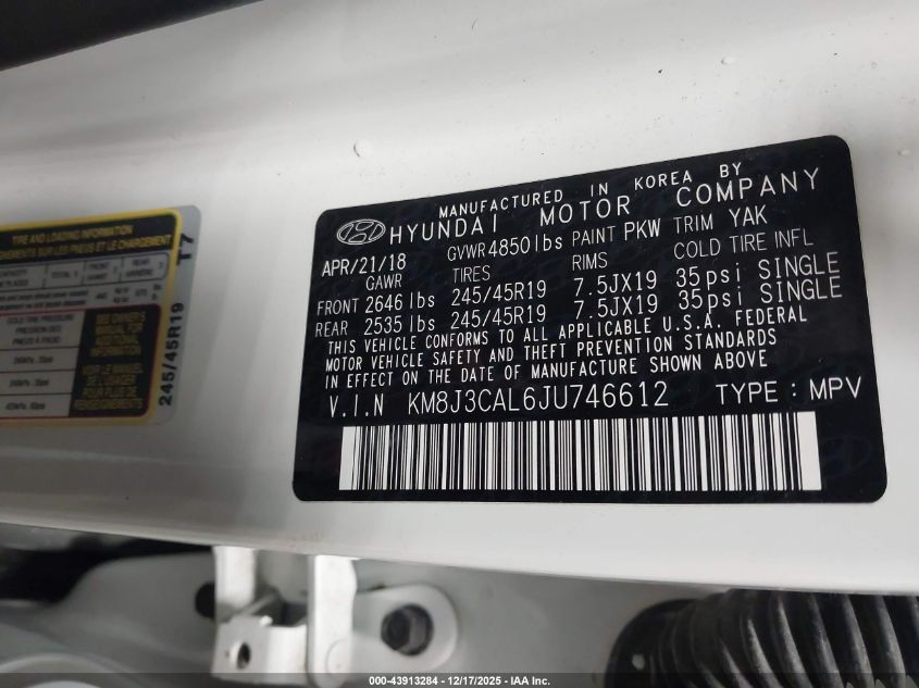 2018 Hyundai Tucson Sport VIN: KM8J3CAL6JU746612 Lot: 43913284