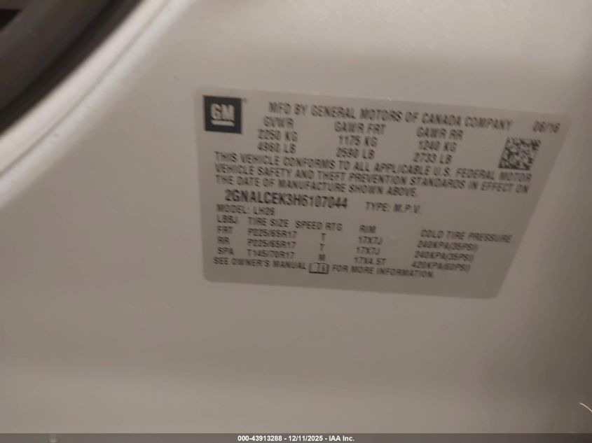 2017 Chevrolet Equinox Lt VIN: 2GNALCEK3H6107044 Lot: 43913288