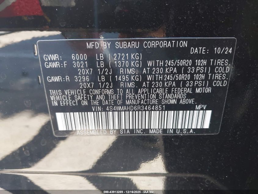 2024 Subaru Ascent Onyx Edition 7-Passenger VIN: 4S4WMAHD6R3464851 Lot: 43913289