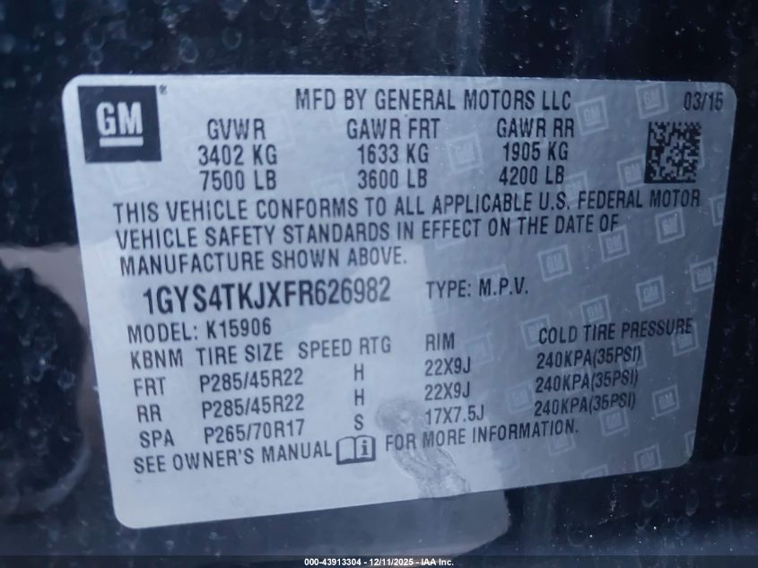 2015 Cadillac Escalade Esv Premium VIN: 1GYS4TKJXFR626982 Lot: 43913304