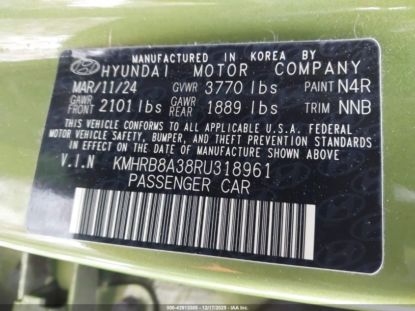 2024 Hyundai Venue Se VIN: KMHRB8A38RU318961 Lot: 43913305
