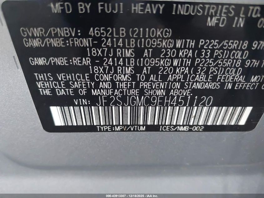 2014 Subaru Forester 2.0Xt Touring VIN: JF2SJGMC9EH451120 Lot: 43913307