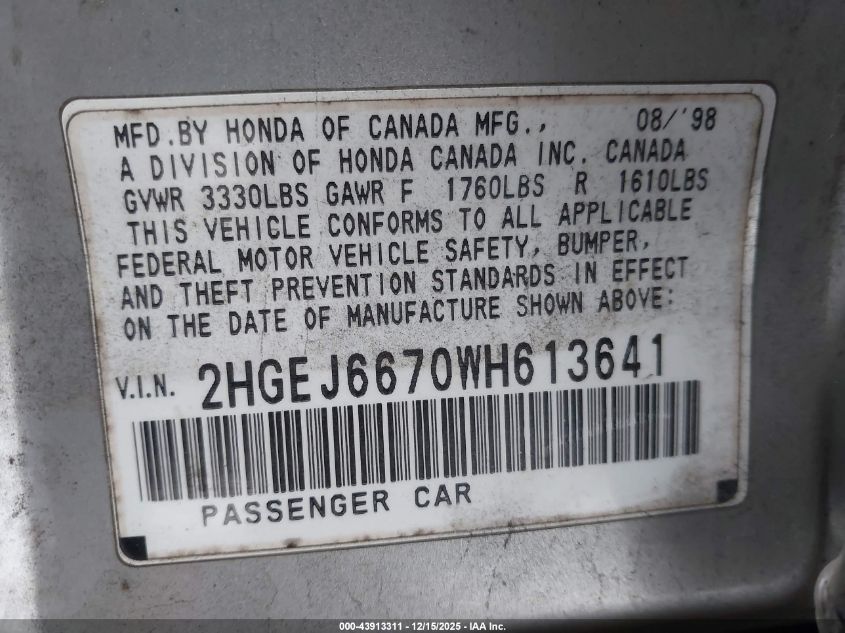 1998 Honda Civic Lx VIN: 2HGEJ6670WH613641 Lot: 43913311