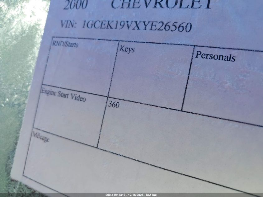 2000 Chevrolet Silverado 1500 Ls VIN: 1GCEK19VXYE265608 Lot: 43913319