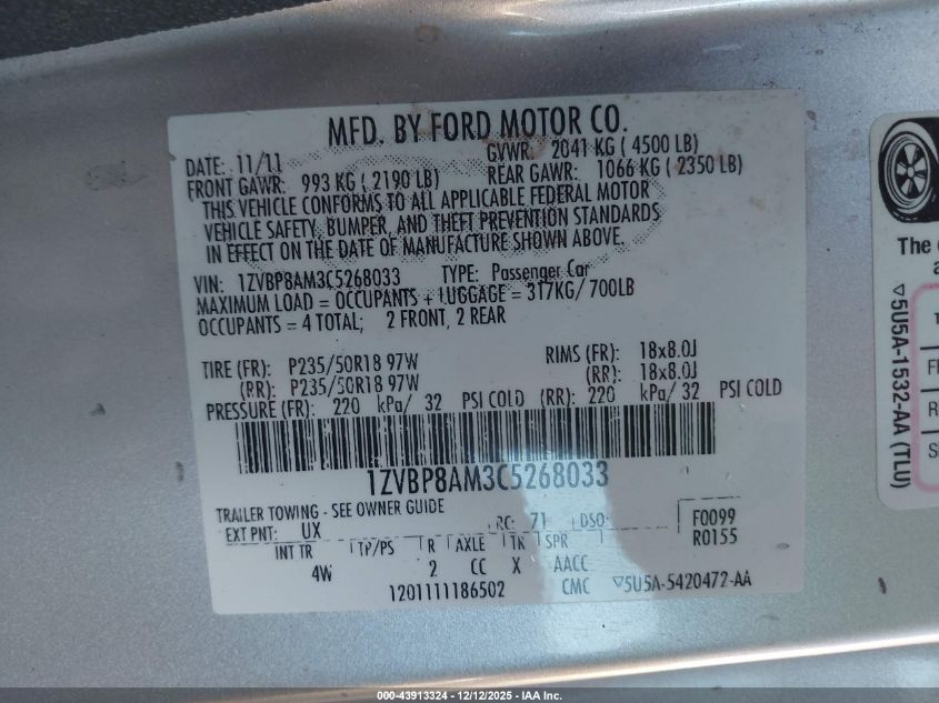 2012 Ford Mustang V6 Premium VIN: 1ZVBP8AM3C5268033 Lot: 43913324