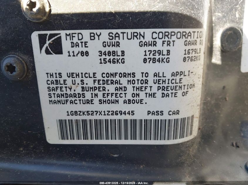 2001 Saturn Sl2 VIN: 1G8ZK527X1Z269445 Lot: 43913325