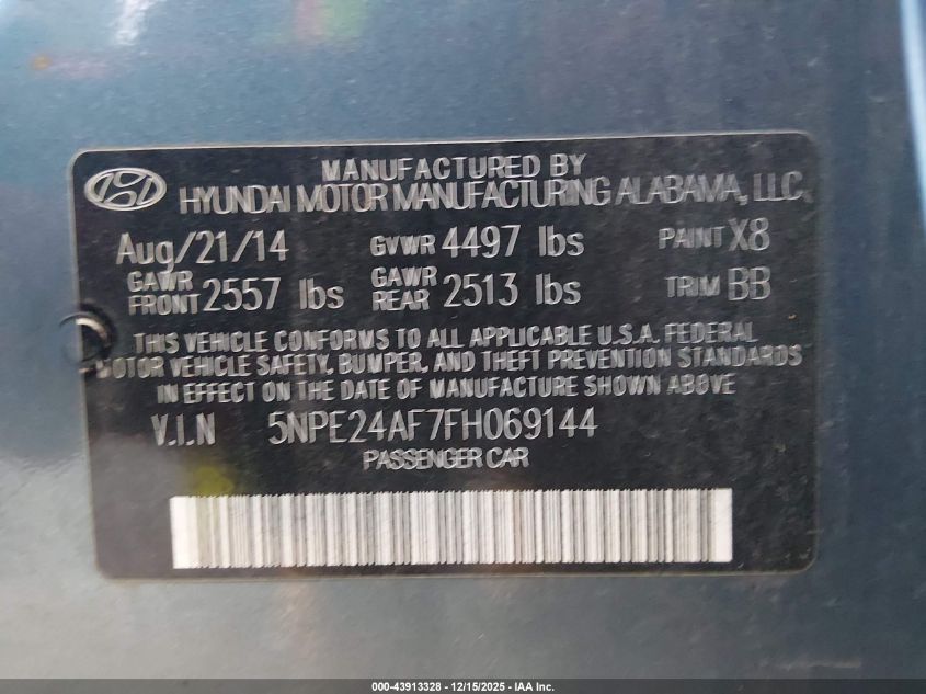 2015 Hyundai Sonata Se VIN: 5NPE24AF7FH069144 Lot: 43913328
