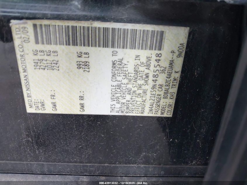 2009 Nissan Altima 2.5 S VIN: 1N4AL21E59N485548 Lot: 43913332