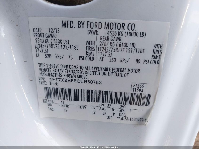 2016 Ford F-250 Xl VIN: 1FT7X2B66GEB80783 Lot: 43913340