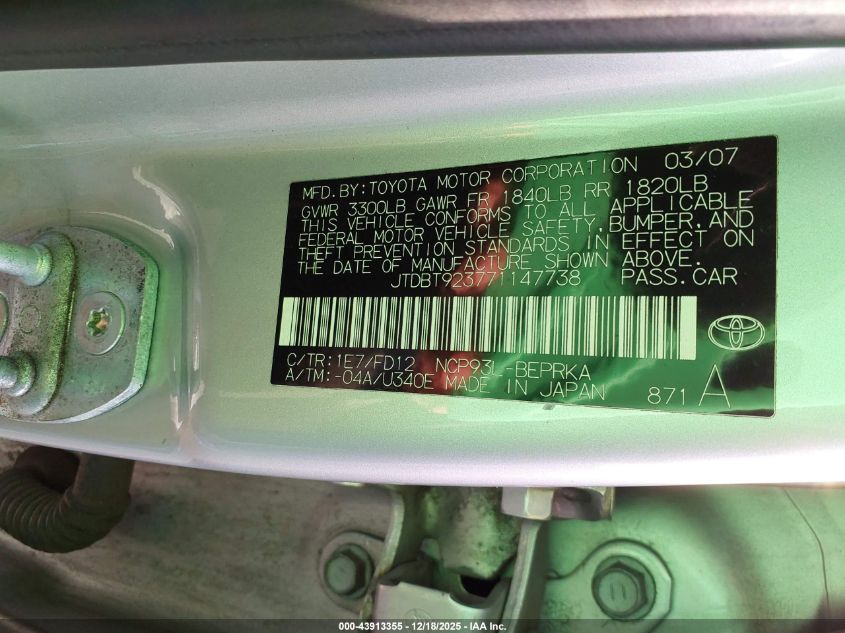 2007 Toyota Yaris VIN: JTDBT923771147738 Lot: 43913355