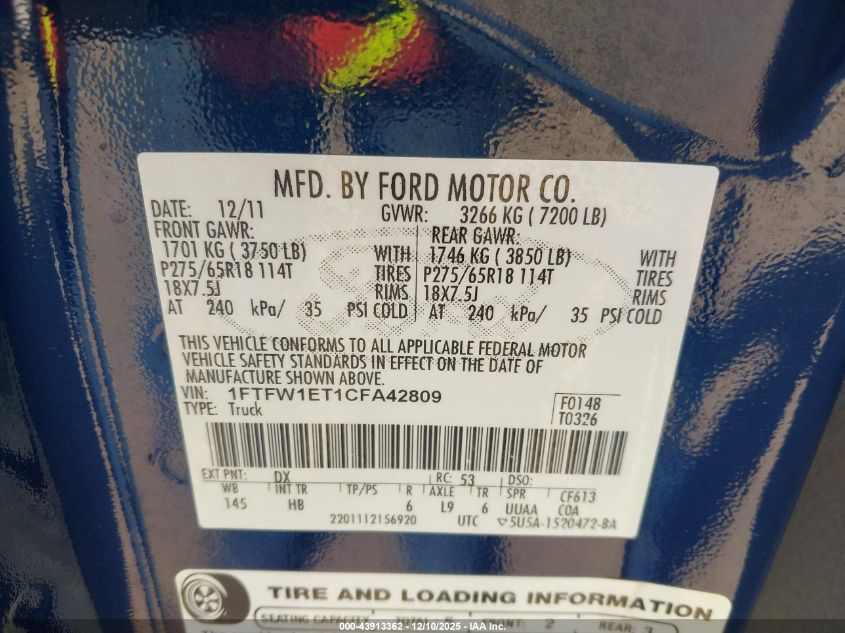 2012 Ford F-150 Lariat VIN: 1FTFW1ET1CFA42809 Lot: 43913362