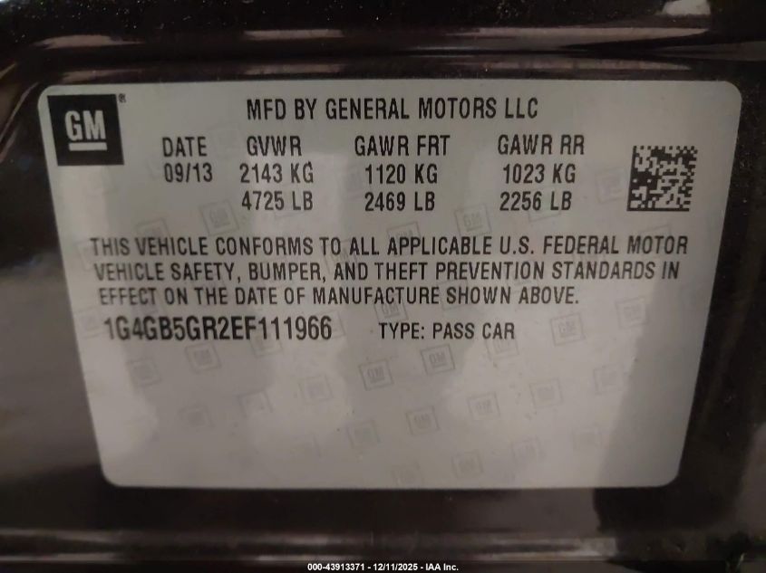 2014 Buick Lacrosse Leather Group VIN: 1G4GB5GR2EF111966 Lot: 43913371