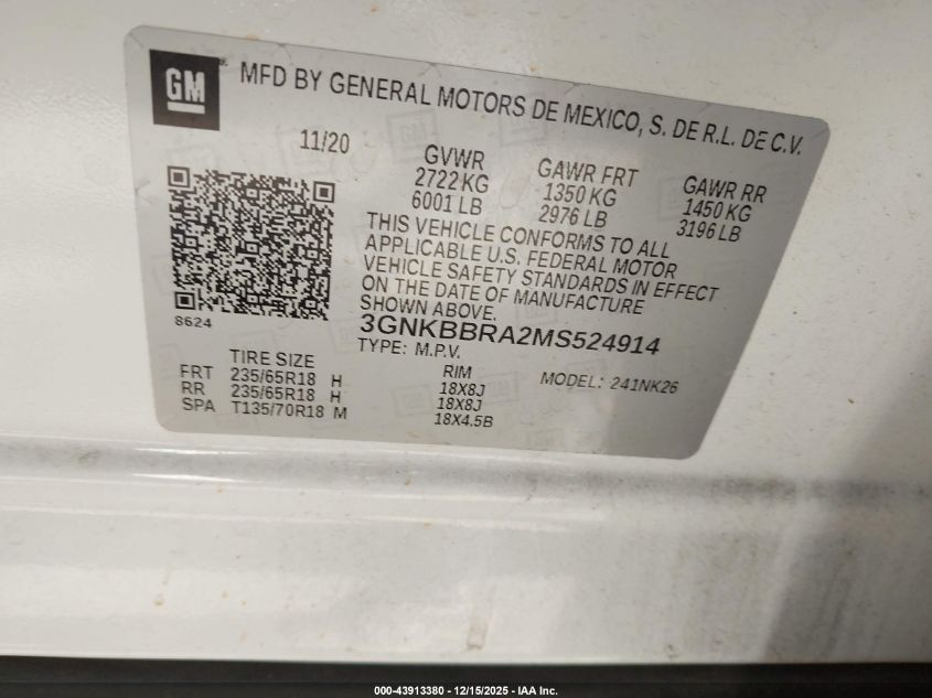 2021 Chevrolet Blazer Fwd 1Lt VIN: 3GNKBBRA2MS524914 Lot: 43913380