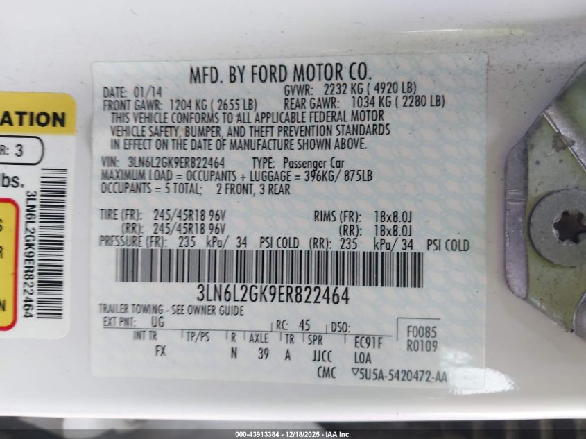 2014 Lincoln Mkz VIN: 3LN6L2GK9ER822464 Lot: 43913384