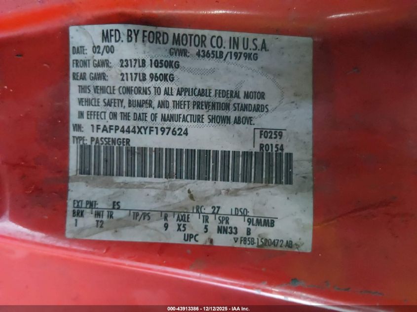 2000 Ford Mustang VIN: 1FAFP444XYF197624 Lot: 43913386