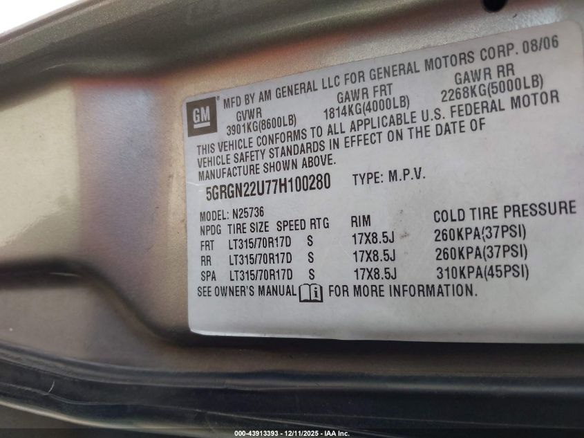 2007 Hummer H2 Sut VIN: 5GRGN22U77H100280 Lot: 43913393