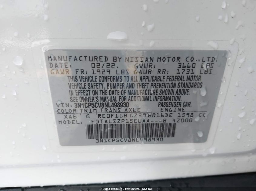 2022 Nissan Kicks Sv Xtronic Cvt VIN: 3N1CP5CV8NL498930 Lot: 43913397