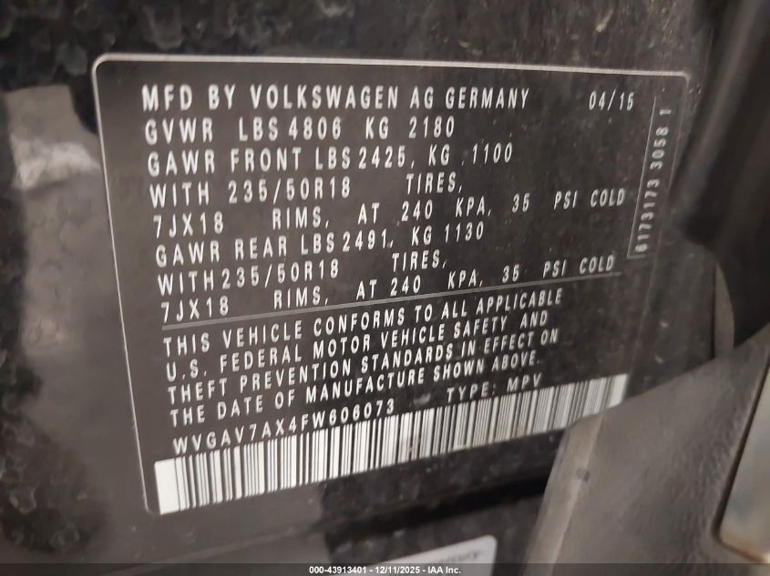 2015 Volkswagen Tiguan Sel VIN: WVGAV7AX4FW606073 Lot: 43913401
