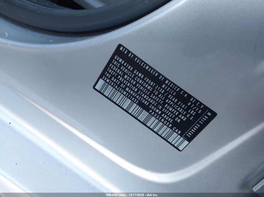 2016 Volkswagen Jetta 1.4T S VIN: 3VW267AJ3GM211432 Lot: 43913402