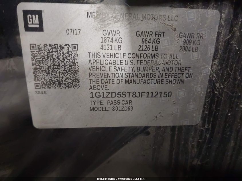 2018 Chevrolet Malibu Lt VIN: 1G1ZD5ST8JF112150 Lot: 43913407