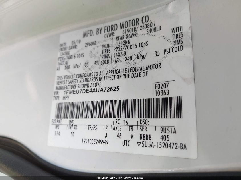 2010 Ford Explorer Xlt VIN: 1FMEU7DE4AUA72625 Lot: 43913412