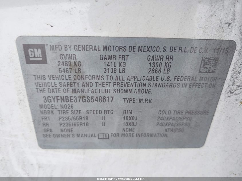 2016 Cadillac Srx Luxury Collection VIN: 3GYFNBE37GS548617 Lot: 43913419