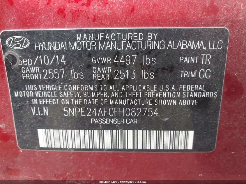 2015 Hyundai Sonata Se VIN: 5NPE24AF0FH082754 Lot: 43913429