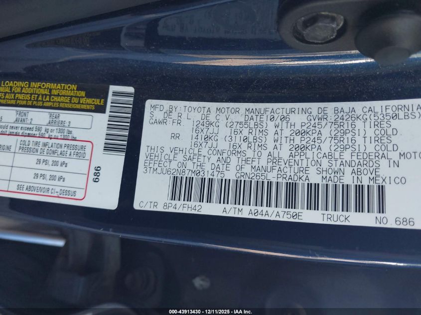 2007 Toyota Tacoma Prerunner V6 VIN: 3TMJU62N87M031475 Lot: 43913430