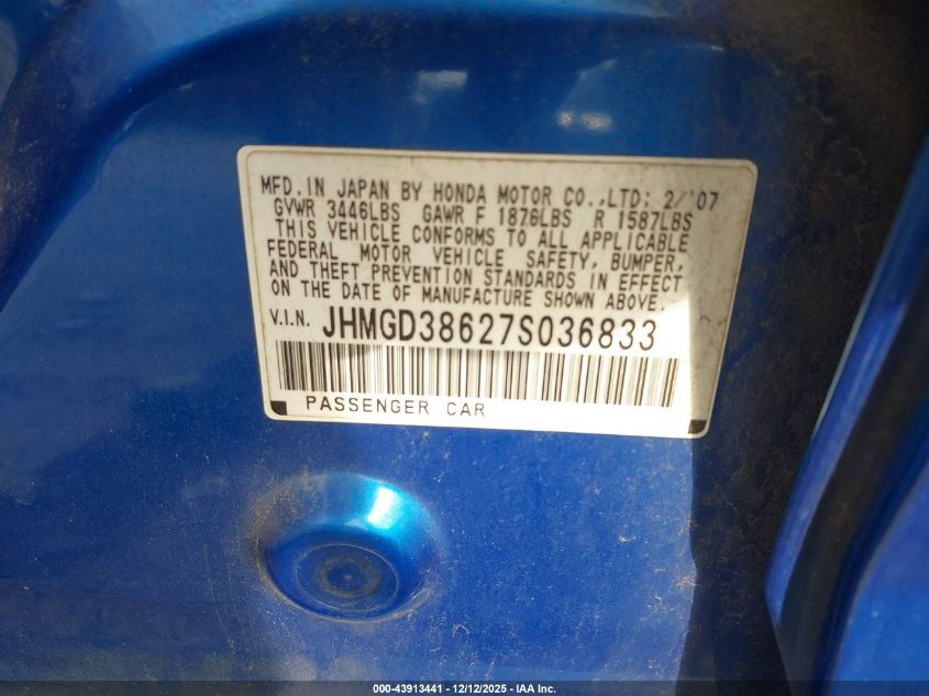 2007 Honda Fit Sport VIN: JHMGD38627S036833 Lot: 43913441