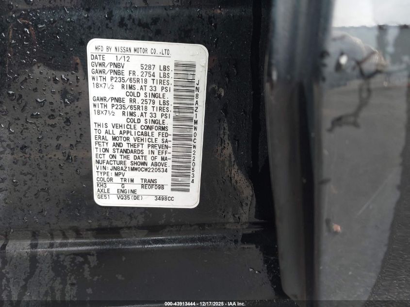 2012 Nissan Murano Sv VIN: JN8AZ1MW0CW220534 Lot: 43913444