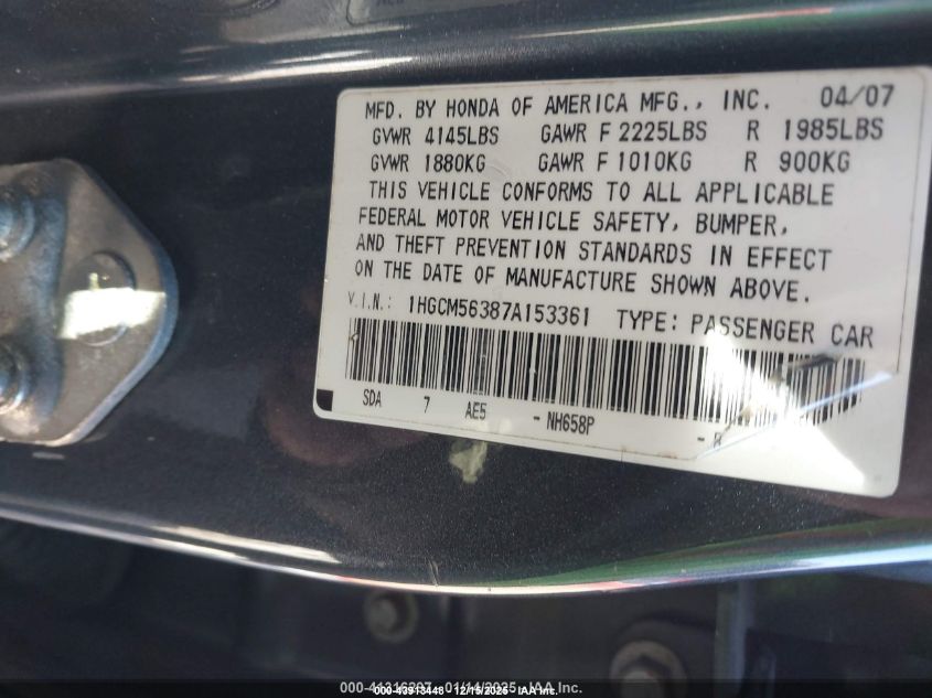 2007 Honda Accord 2.4 Se VIN: 1HGCM56387A153361 Lot: 43913448