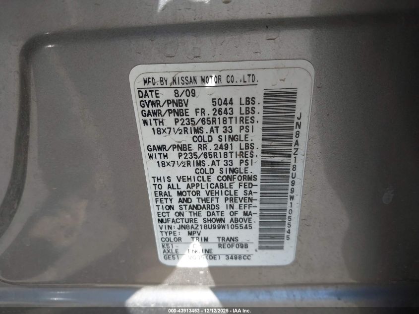 2009 Nissan Murano Sl VIN: JN8AZ18U99W105545 Lot: 43913453