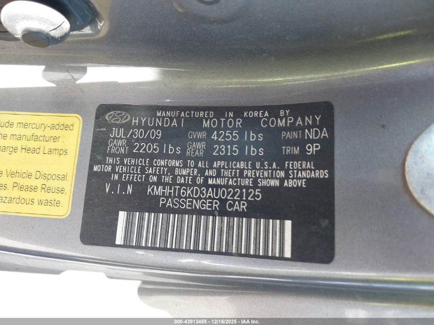 2010 Hyundai Genesis 2.0T Track VIN: KMHHT6KD3AU022125 Lot: 43913455