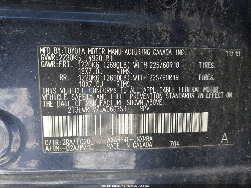 2020 Toyota Rav4 Hybrid Xse VIN: 2T3EWRFV7LW060353 Lot: 43913456
