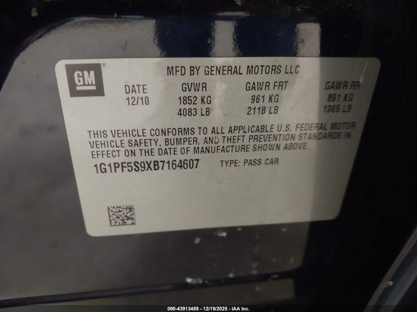 2011 Chevrolet Cruze 1Lt VIN: 1G1PF5S9XB7164607 Lot: 43913459