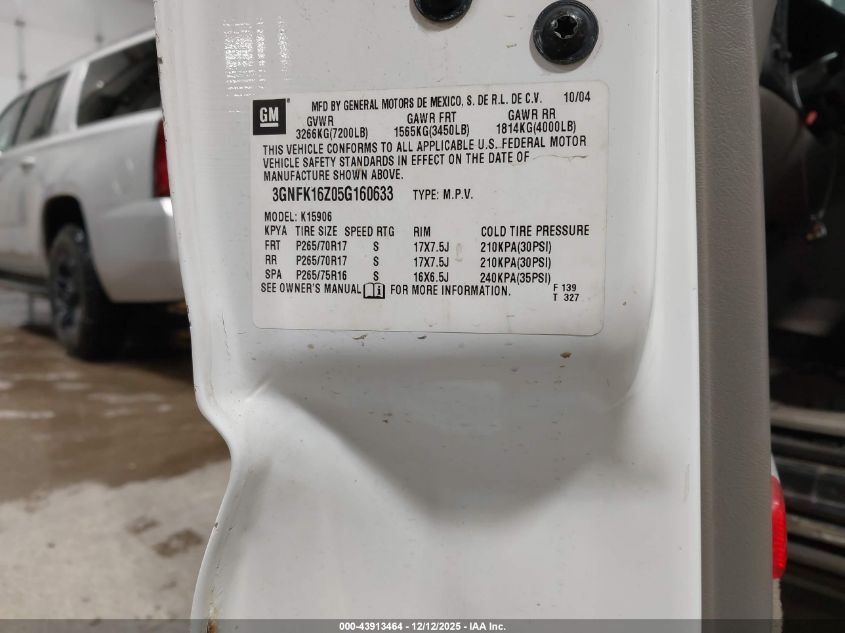 2005 Chevrolet Suburban 1500 Z71 VIN: 3GNFK16Z05G160633 Lot: 43913464