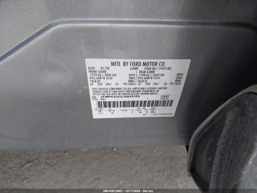 2020 Ford Edge Sel VIN: 2FMPK4J93LBA95309 Lot: 43913467