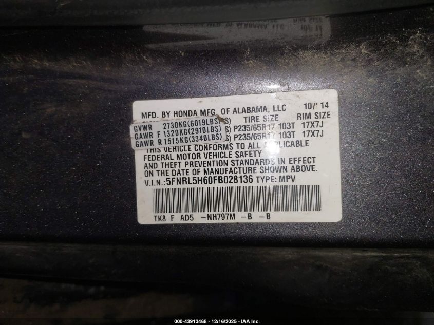 2015 Honda Odyssey Ex-L VIN: 5FNRL5H60FB028136 Lot: 43913468