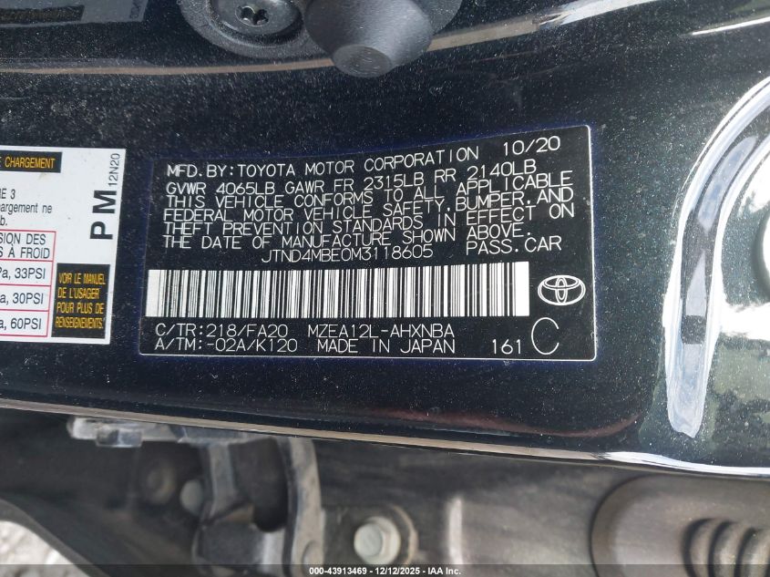 2021 Toyota Corolla Se Nightshade Edition VIN: JTND4MBE0M3118605 Lot: 43913469