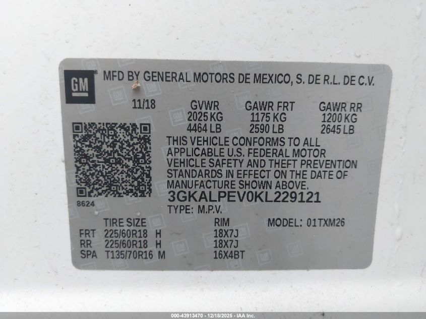 2019 GMC Terrain Slt VIN: 3GKALPEV0KL229121 Lot: 43913470