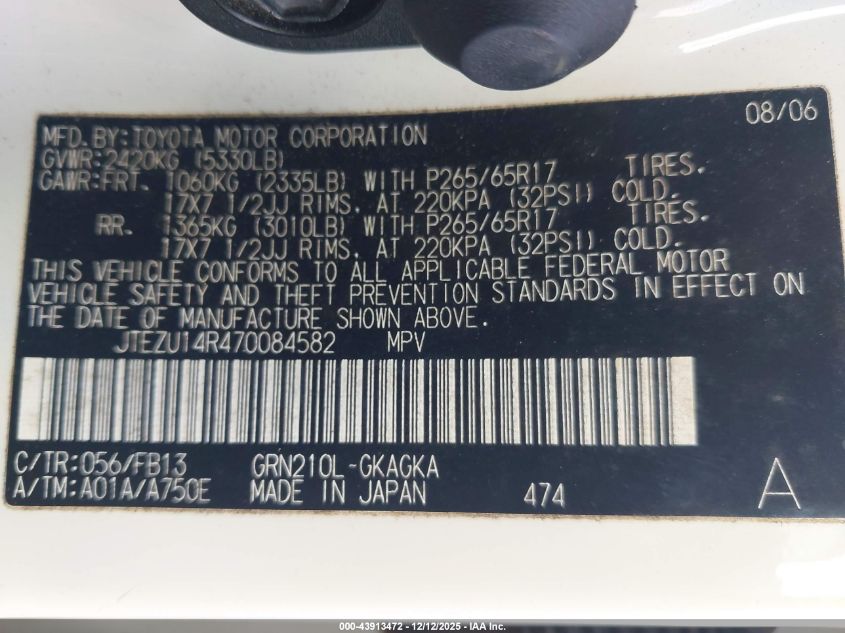 2007 Toyota 4Runner Sport V6 VIN: JTEZU14R470084582 Lot: 43913472