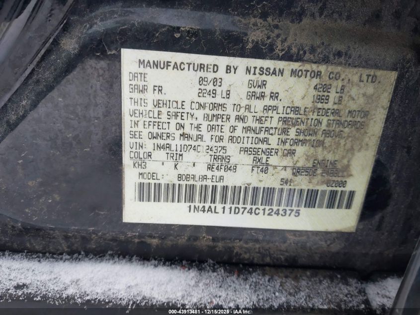 2004 Nissan Altima 2.5 S VIN: 1N4AL11D74C124375 Lot: 43913481
