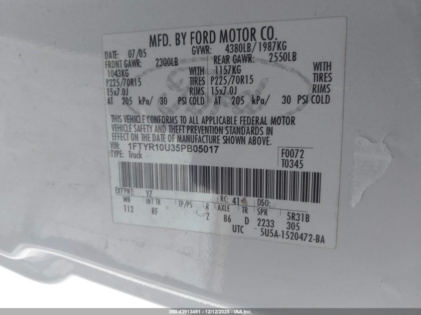 2005 Ford Ranger Edge/Stx/Xl/Xls/Xlt VIN: 1FTYR10U35PB05017 Lot: 43913491